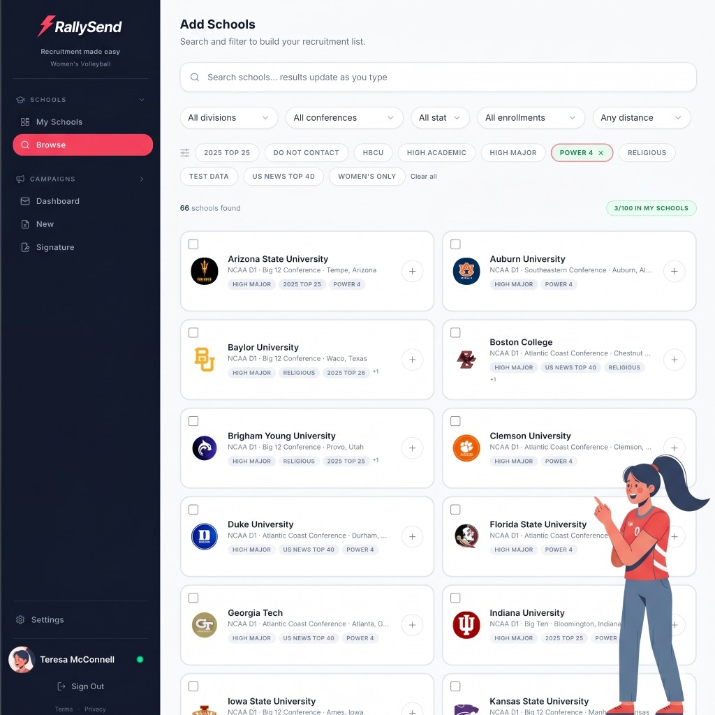 Screenshot of RallySend school database